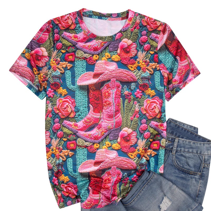MHTOR Western Cactus Horse T-Shirt Cactus Shirts for Women Desert Horse Graphic Tee Casual Cowgirl Vintage Short Sleeve Tops(Large,Pink) - Image 2